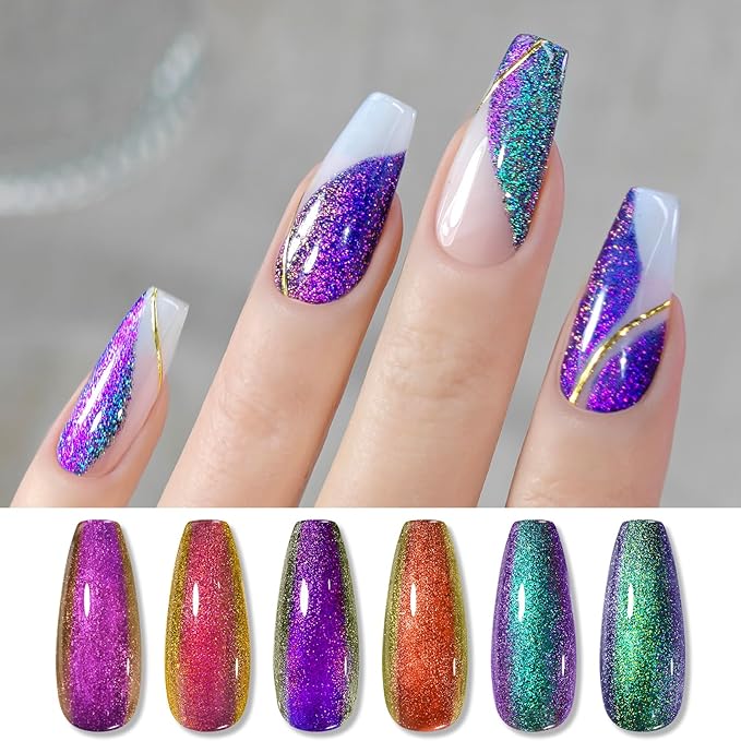 Born Pretty Chameleon Gel Nail Polish, 6 Pcs Aurora Shimmer Glitter Gel Polish Long Lasting Sparkly Shiny Nail Polish U V Set for Manicure and Nail Art, DIY at Home, Salon-Quality 7ml