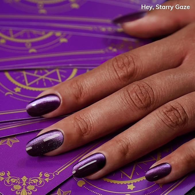 Heyhae Semi Cured Gel Nail Strips | No LED Lamp Needed | Fall, Purple, Cat-Eye | Easy Apply & Remove, Salon Quality | Includes 28 Strips, 1 Prep Pads, Nail File & Wooden Stick - Hey, Starry Gaze