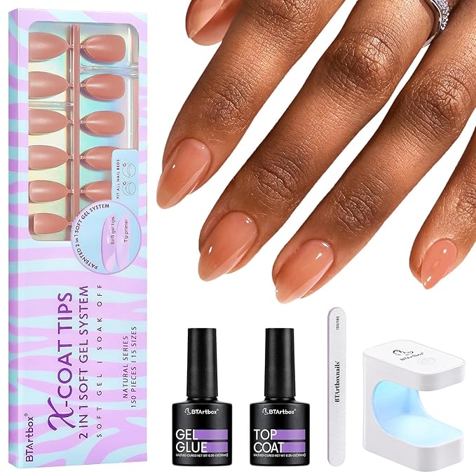 BTArtbox Short Almond Nail Tips - XCOATTIPS Gel Nail Kit with Tip Primer Base, 160 pcs Brown Pre-colored Fake Nails with Gel Nail Glue and Top Coat Nail Extension Kit for Nail Art