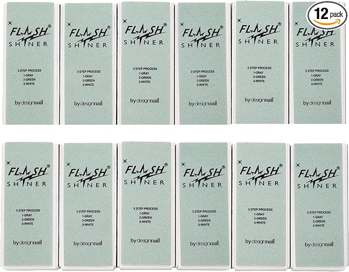 Flash Shiner® Block – 3-Way Nail Buffer (Gray/Black, Green & White) – Professional Nail Buffer for Natural Shine – Smooths, Conditions & Polishes – Manicure Tool for Home or Salon Use (Pack of 12)