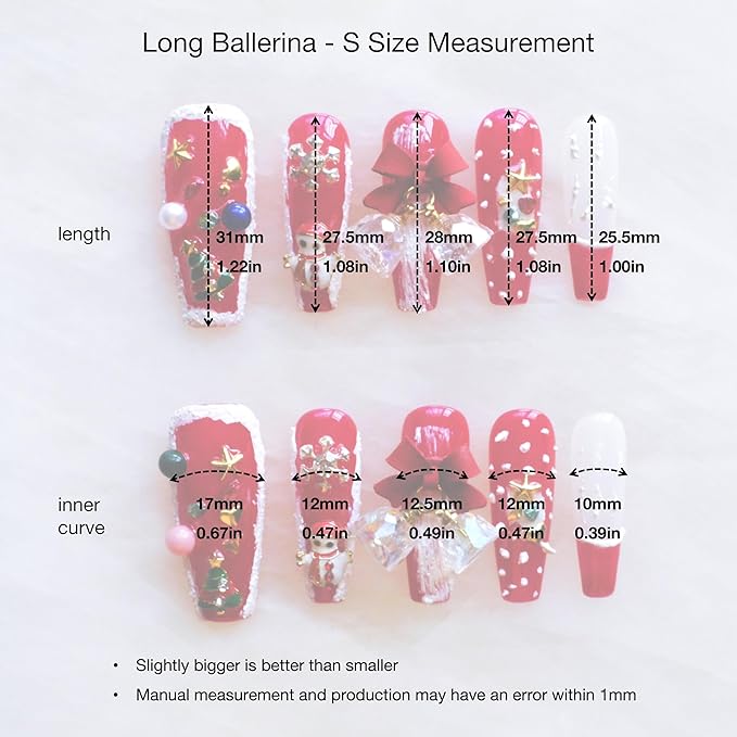 Christmas Press-On Nails, Long Ballerina Shape, Red and White Design with Snowman, Bows and Snowflakes, 10 Pieces (Small, LS)
