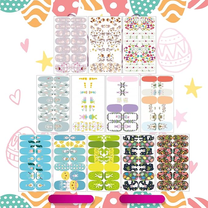 winthrop 12 Sheets Easter Nail Wraps Stickers Full Nail Polish Strips, DIY Self-Adhesive Nail Art Decals Cute Easter Eggs Bunny Rabbit Pattern Party Decor with 2 Pcs Nail Files (168 Pieces)