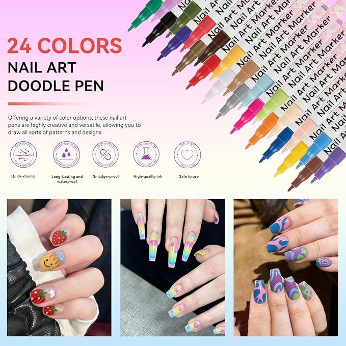 24 Colors Nail Art Pens Set, 3D 0.5MM Nail Polish Pens, DIY Nail Markers, Quick Drying Long Lasting Paint Graffiti Point Dotting Liner Pen Tools for Home & Salon