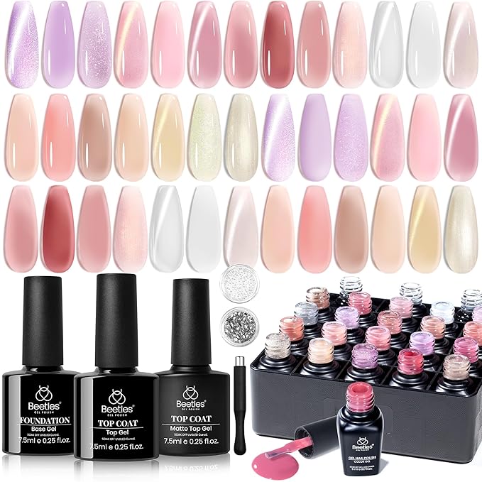 Beetles Cat Eye Gel Polish Set - 20 Colors Jelly Cat Eye Gel Nail Kit, Glowy Grace Nude White Pink Purple Base Colors, Soak Off UV Glitter Trend Nails Charms Spring Gift for Women