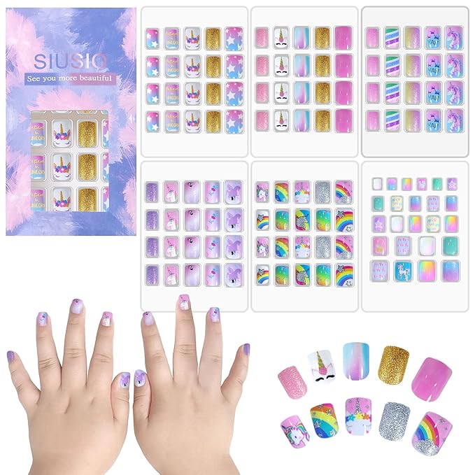 SIUSIO 124 Pcs 6 Pack Children Acrylic Fake Nails Press on Cute Pre-glue Full Cover Glitter Gradient Color Rainbow Short Kids Stick On False Nail Art Kits Set for Kids Little Girls - Dreamy Fairy