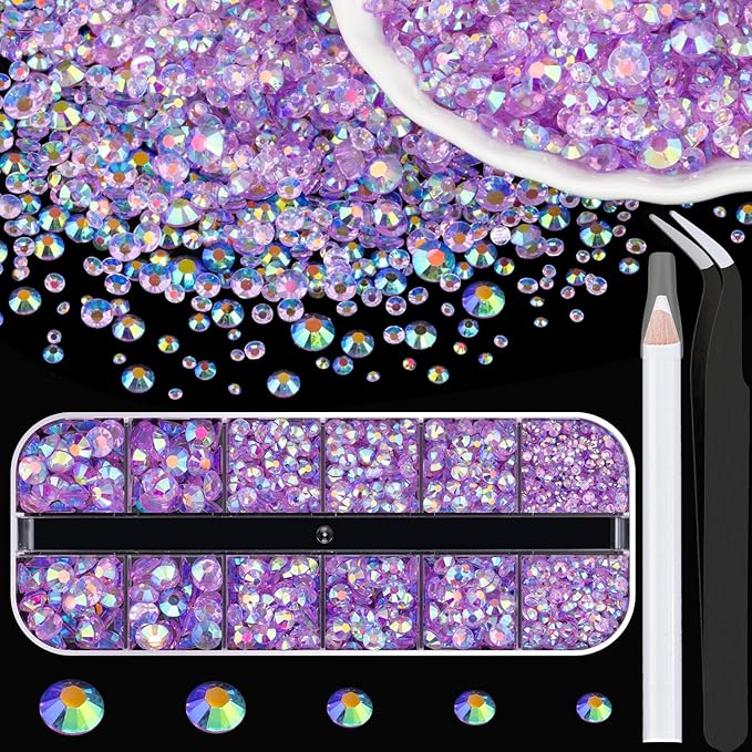 Resin Rhinestones for Crafting, 2/3/4/5/6mm Flatback Jelly Rhinestones, 1 Box Transparent Lavender Purple AB Non Hotfix Gems for DIY Crafts Mugs Tumblers Clothes Makeup Nail