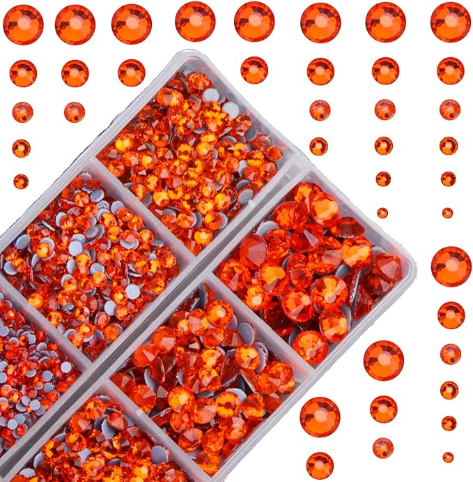 10000Pcs 2-Boxes Mixed Size Hot Fix Round Crystals Gems Glass Stones Hotfix Flat Back Rhinestones with Tweezers and Picking Pencil (Orange)
