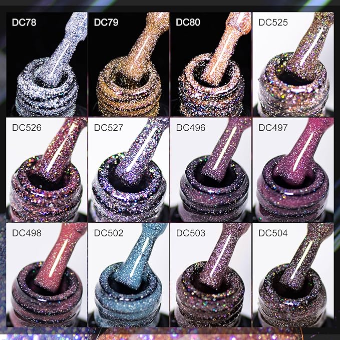 MTSSII 12 Pcs Reflective Glitter Gel Polish, Flash Dimond Pink Brown Nail Polish Winter Colors Sparkly Shiny Nail Art UV LED Curing Need Nail Gel for Manicure DIY and Salon
