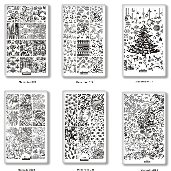 Mezerdoo 10Pcs Animal Plants Fruits Nail Stamping Plates Flower Pretty Girl Multi Styles Nail Art Stamping Image Plate Cute Dogs Hippocampus Design Nail Stamp Template