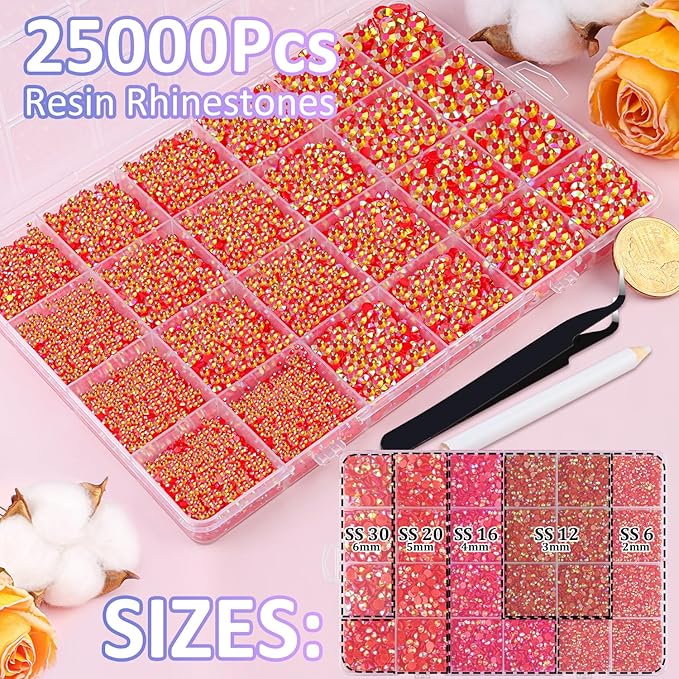 25000Pcs Resin Jelly Rhinestones with Tweezers for Crafting, Red AB Flatback Gems, Bedazzling Crystal with 3Pcs 10ml B7000 Jewelry Glue for DIY Crafts Clothing Tumblers Shoes Fabric Nail Art