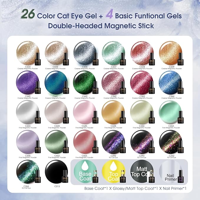 ROSALIND 30pcs Cat Eye Gel Nail Polish Set - 26 Colors Red Purple Brown Green Burgundy Magnetic Gel Nail Polish with Base Gel Glossy Matte Top Coat Magnet and Nail Primer