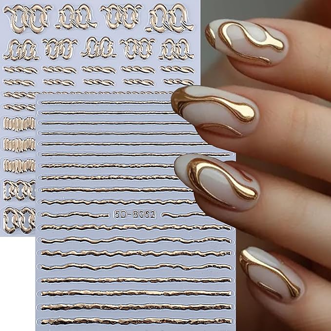 2 Sheets Gold Nail Stickers Embossed French Lines Nail Art Stickers 5D Self-Adhesive Gold Line Nail Decals French Nail Supplies for Women DIY Manicure Decorations