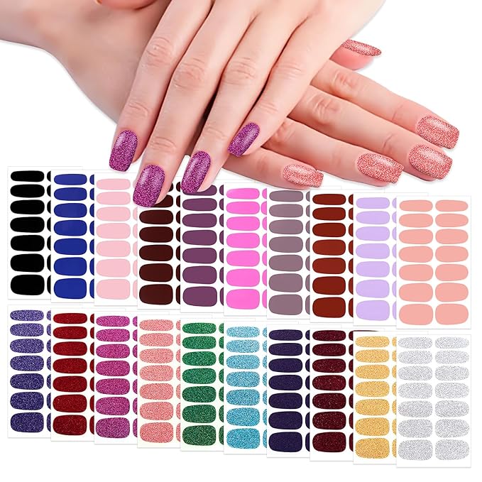 WOKOTO 20 Pcs Multi-Color Nail Polish Stickers Strips With 1 Nail File Kit, 14 Tips Per Sheet 10 Sheets Solid & 10 Glitter Solid Nail Polish Strips Full Nail Wraps Polish Decals For Women Girls