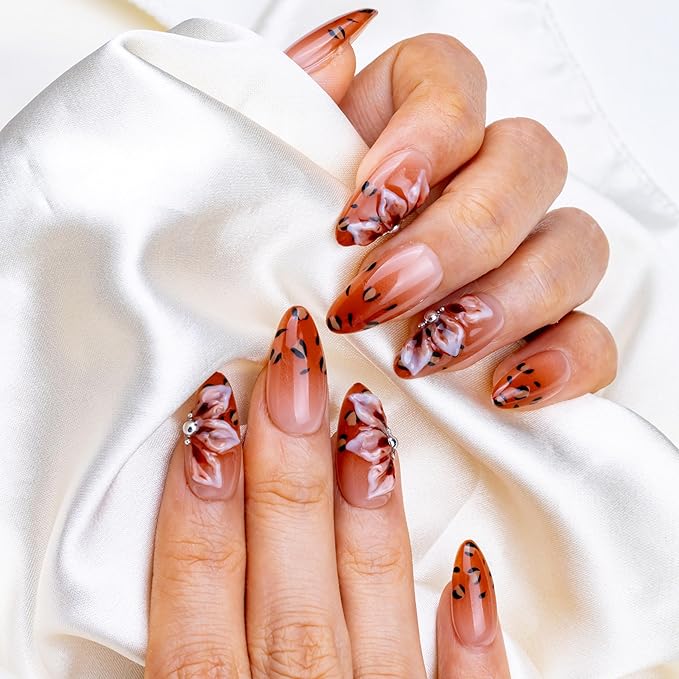 10 Pieces Handmade Press On Nails Medium Almond, Brown Thickened French False Nails, 3D Petals, Reusable Fake Nails Almond, Reusable Acrylic Nails (S)