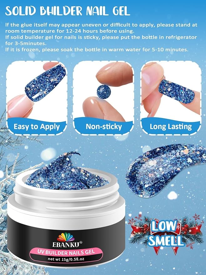 Christmas Solid Builder Gel Kit, EABNKU 6 Colors Solid Builder Gel for Nails Blue Collection Glitter Non Sticky Nail Extension 3D Sculpting for Winter Nail Starter Kit 15g*6 (3 OZ)