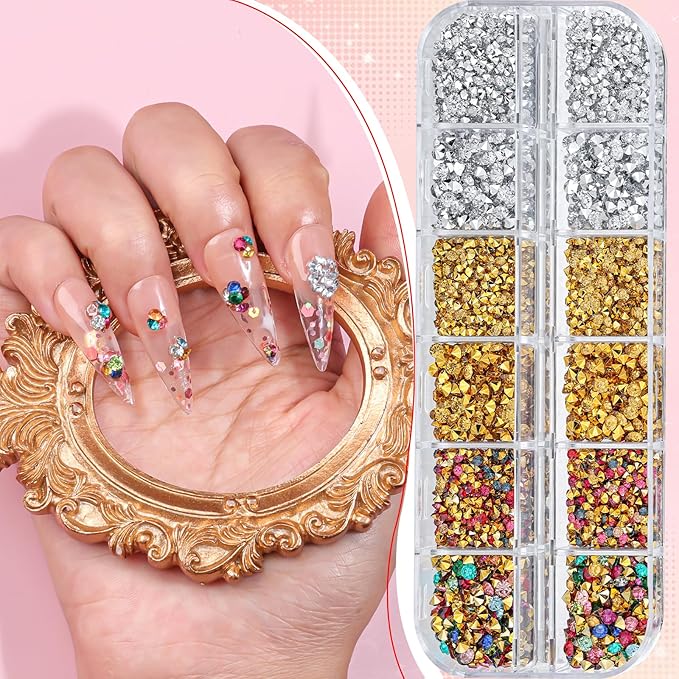 4200 Pcs Nail Art Rhinestones Kit,2-3mm Shiny Gold/Silver/Mixed Colors Rhinestones,3D Pointed Bottom Nail Gems with Tweezers and Dual-end Brush for Manicure DIY Crafts Face Makeup(26-K1-pointed-GS)