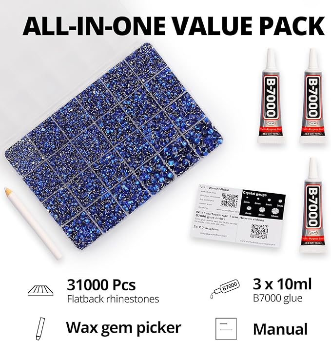 31000Pcs Blue Resin Rhinestones for Bedazzling, Royal Dark Navy Blue Bedazzle Flatback Gems Diamond Bedazzled Crystals Gemstones for Crafting Clothes Crafts Nail Art 2-6mm Mixed Bedazzler Kit