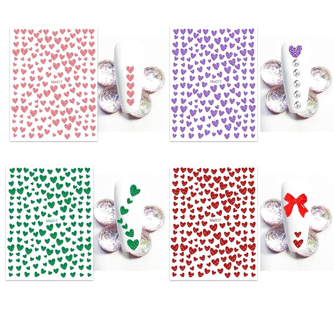 10 Sheets Glitter Heart Nail Stickers for Women Girls Kids Nail Decoration 3D Self Adhesive Shinning Nail Decals for Fingernails and Acrylic Nails Design (Glitter Heart)