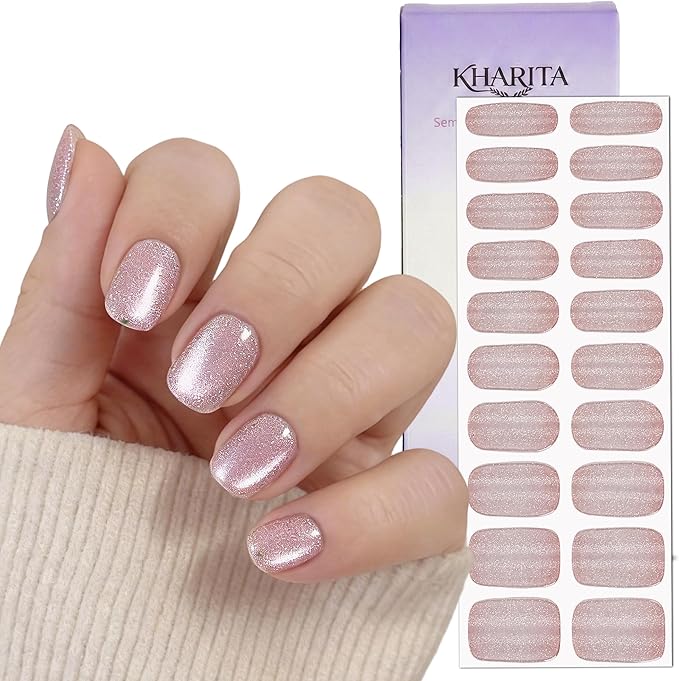Semi Cured Gel Nail Strips – Real Gel Nail Polish Wraps UV Light Required | Long Lasting Easy Peel-Off Removal | Hema-Free | 20-Piece Cat-Eye Glitter Pink Salon Sticker Kit with File & Stick