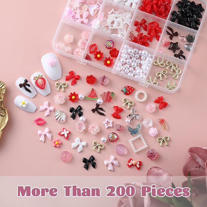 3D Nail Charms and Gems with Bows, Hearts, Rose, Flowers, Pearls, Rhinestones for Nails Design, Cute Y2K 3D Nail Decorations