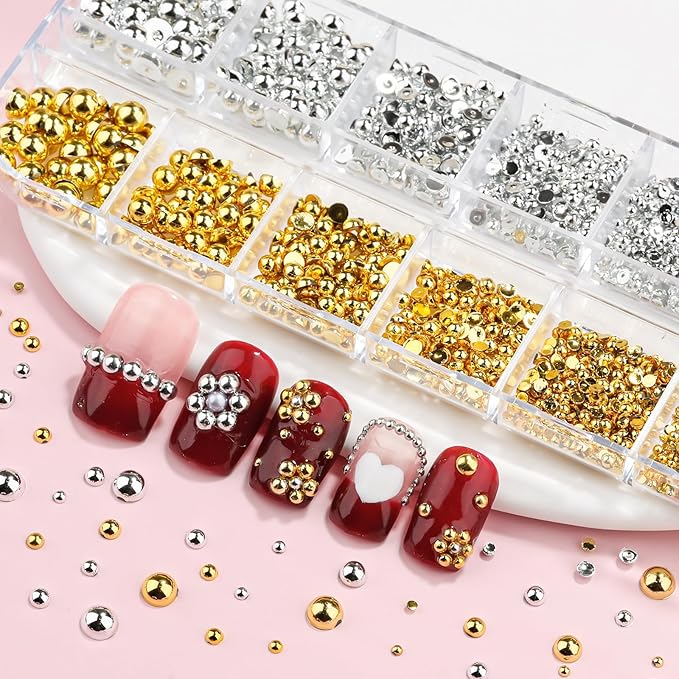 Gold and Silver Nail Charms and Gems, 1.5-5mm Half Round Flatback Nail Pearls Ball Beads Silver Gold Pearls for Nails with Pickup Pencil and Tweezers (12-K1-half-pearls-gold-silver)