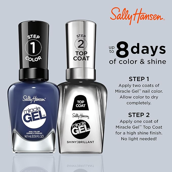 Sally Hansen Miracle Gel Salon Quality Nail Polish | Gel-Like Formula, Two-Step System, No UV Light Needed, Long Lasting | Opaque | 609 Midnight Mod | Navy Blue Nail Polish