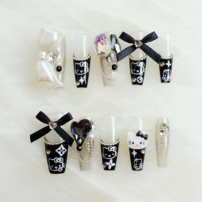 [GLORS] Purly Handmade Long Ballerina Press on Nails | Black False Nail with Cute Kitty | Salon Quality in Long Coffin Nail (M, LC)