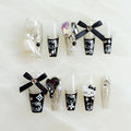 [GLORS] Purly Handmade Long Ballerina Press on Nails | Black False Nail with Cute Kitty | Salon Quality in Long Coffin Nail (S, LC)