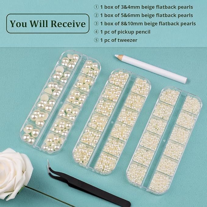 4 Boxes Flatback Pearls for Crafting, Flatback Beige Half Round Pearls 3-10mm with Pickup Pencil and Tweezer for Home DIY and Professional Nail Art, Face Makeup and Craft