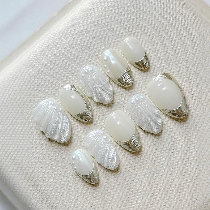 Short Almond Press on Nails Thick Handmade Nails with Glue,5D Lines Luxury Pearl False Nails Flash Designs Milky White Press ons Muti-Layer Gel Handmade Nail for Women Wedding Nail Art(Size S)
