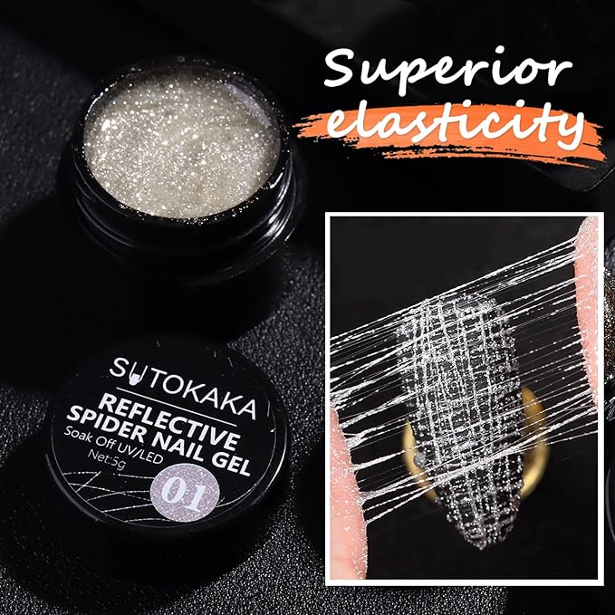 Reflective Glitter Spider Gel, 4 Colors Sparkle Diamond Sliver Gold Pink Elastic Spider Gel Polish, Nail Designs Paint Wire Drawing Gels Polish for Line DIY Manicure Home or Salon Use