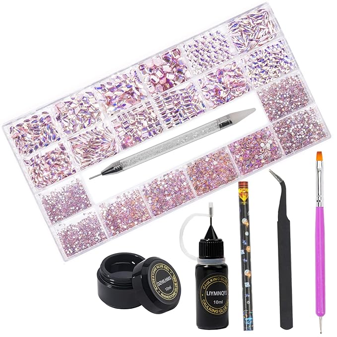 Nail Rhinestones - 4300pcs Crystal Pink AB, Multiple Shape Gems, Flat Back Rhinestones, with Kit and Glue Gel, for Nail Art