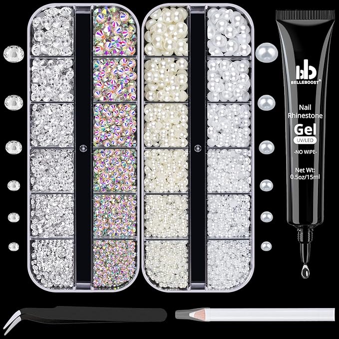 BELLEBOOST Nail Art Rhinestone Glue Gel&2 Boxes Flatback Gems Kit, 1 Tube of 15ml Rhinestone Gel Glue+Round AB&Clear Gems+Flat-Back Half Round White&Beige Pearls with Pickup Tools