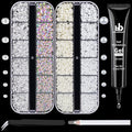 BELLEBOOST Nail Art Rhinestone Glue Gel&2 Boxes Flatback Gems Kit, 1 Tube of 15ml Rhinestone Gel Glue+Round AB&Clear Gems+Flat-Back Half Round White&Beige Pearls with Pickup Tools