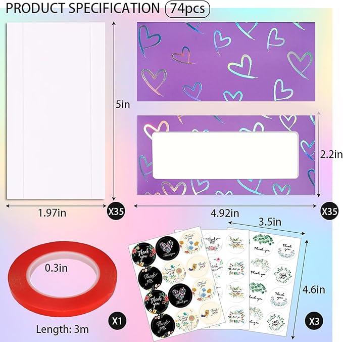 74PCS Press on Nails Packaging Box Set Includes 35PCS Empty Nail Package Box 35PCS White Background Paper 1 Double Sided Tape and 3 Thank You Stickers for Press on Nail Business