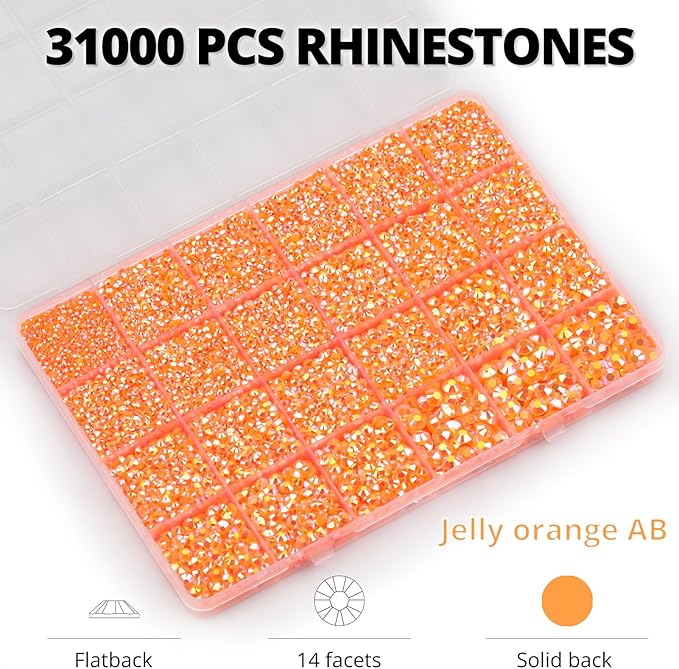 33000Pcs Orange Rhinestones for Bedazzling, Bedazzler Kit with Flatback Craft Rhinestones Orange Bulk and B7000 Glue, 2,3,4,5,6mm Resin Flat Back Crystals for Craftings, Crafts, Clothes, Shoes, Nails