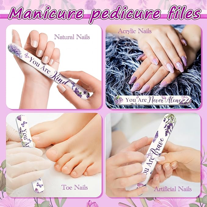 Therwen 50 Pack Christian Gift for Women Purple Butterfly Flower Inspirational Double Sided Nail File Bulk Bible Emery Board Nail Files Religious Appreciation Gift for Teacher Staff Coworker Women
