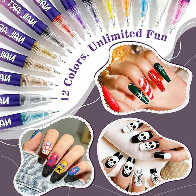 12 Colors Nail Art Pens Set, Nail Art Markers Polish Pens for 3D Nails, Dotting Drawing Painting Liner Brush for DIY Manicure, Home and Salon Nail Art Tools for Women and Men