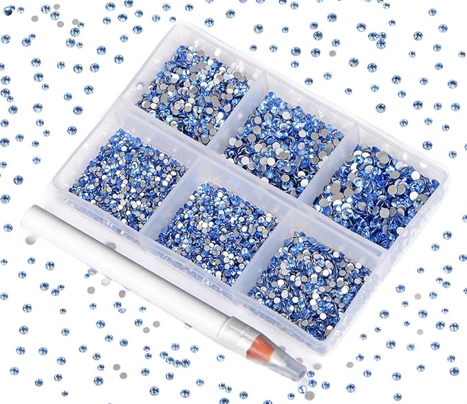 Bymitel 7200 Pieces 6 Mixed Sizes Glue Fix on Glass Rhinestones Round Crystal Gems Flatback for DIY Jewelry Making with one Picking Pen(6-Sizes 7200PCS, Lt. Sapphire)