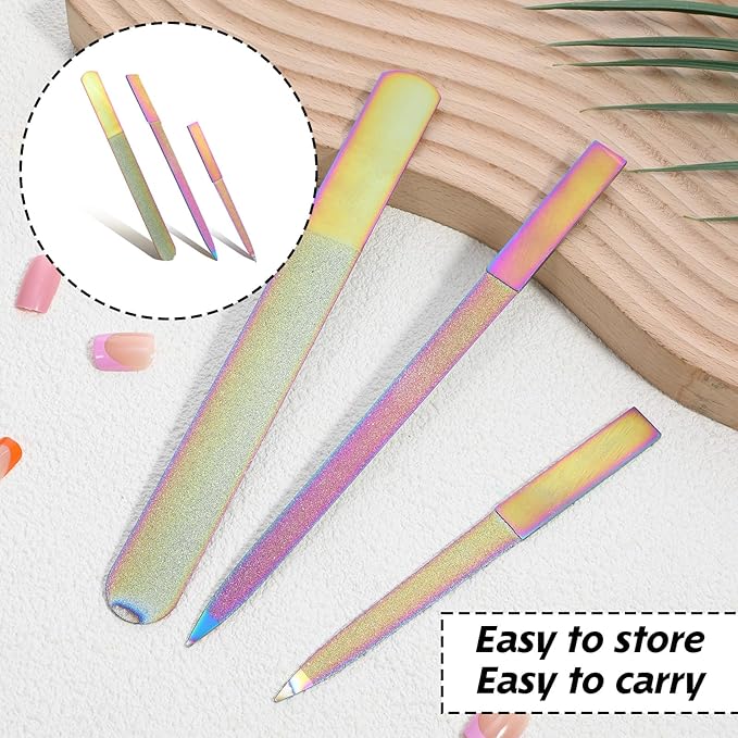 Diamond Nail File Set, 3Pcs Stainless Steel Double Side Fingernail Files Metal Nail File Manicure Pedicure Toenail Tools for Salon Home, Women Men Nail Care Tool (Colorful)