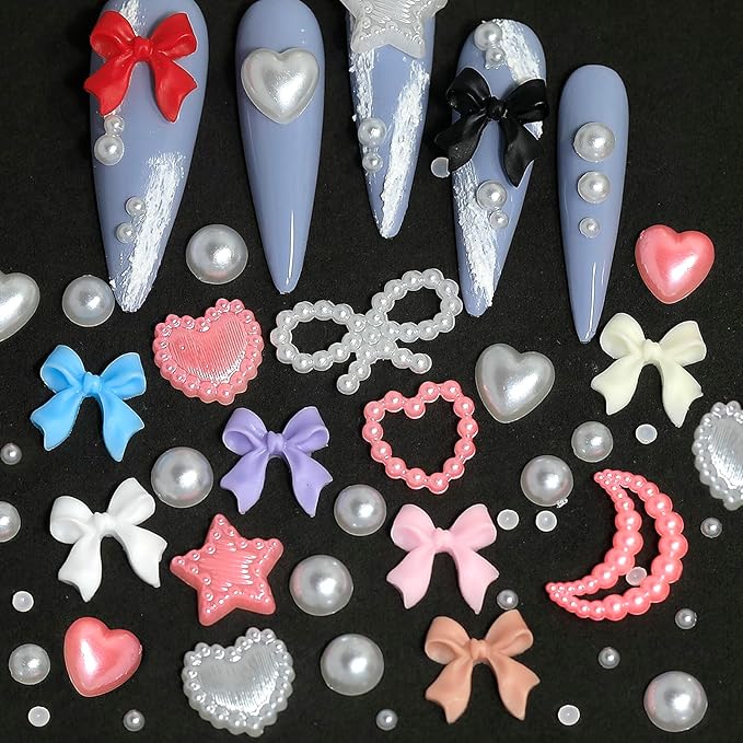 HNUIX 3D Nail Charms and Flatback Pearls - Pink & White Heart, Moon, Bow, Hollow Bow Star Pearls; 50 Pieces Gemstone Nail Rhinestones Set with Tweezers and Pickup Tools