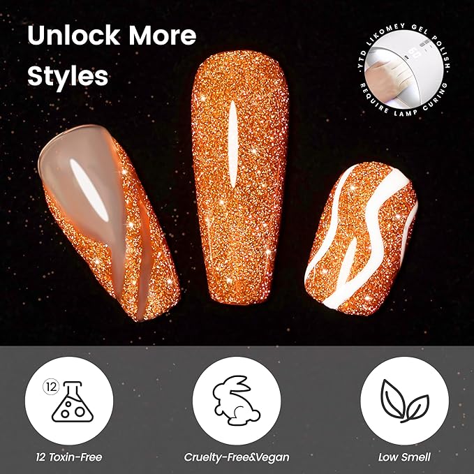 YTD Likomey Colorful Reflective Glitter Gel Nail Polish,15ml Orange Flash Diamond Shimmer Nails Gel,Sparkly Shiny Salon Home Fall Winter Manicure UV Varnish,SZ394