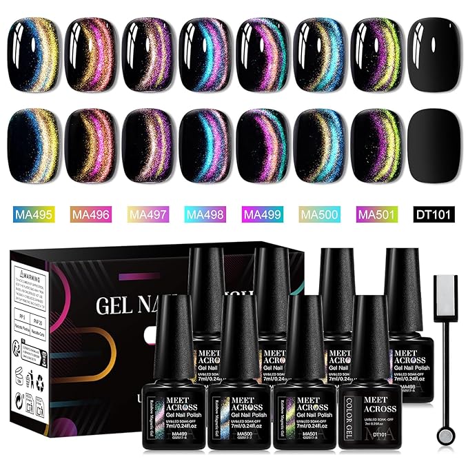 Rainbow Magnetic Gel Nail Polish - Super Bright Cat Eye Nail Art Dopamine Series 7 Color Set with Pure Black Gel and Magnet, Fashion Salon Cat Eye Art Design, Shiny Glossy Brilliant Women's Nail Tool