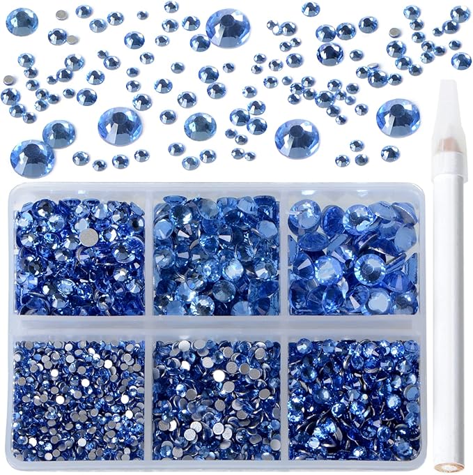 Bymitel 5000 Pieces 6 Mixed Sizes Glue Fix on Glass Rhinestones Round Crystal Gems Flatback for DIY Jewelry Making with one Picking Pen(6-Sizes 5000PCS, Lt. Sapphire)