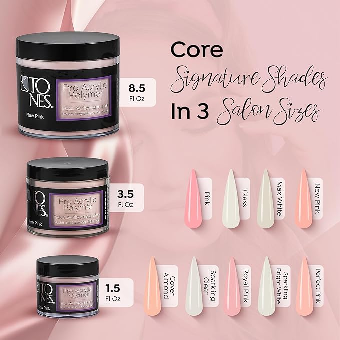 Tones Pro Acrylic Nail Powder, New Pink (Fresh Peach-Toned Pink), (1.5 Fl Oz) - Long-Lasting & Non-Yellowing Polymer for Salon Quality Nail Extensions & 3D Art