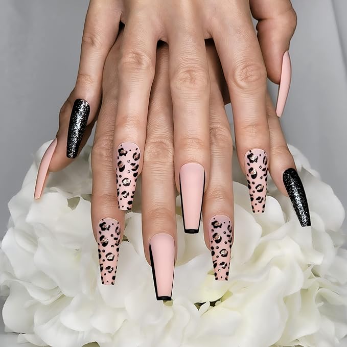 Hypnaughty 24 Pcs Nude Pink Leopard Extra Long Matte Coffin Press on Nails with Glitter XL False Nails with Glue (Nude Pink Leopard)