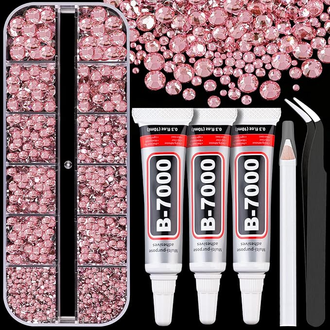 Resin Rhinestones for Crafting with B7000 Jewelry Glue, 1 Box Dark Pink Flatback Crystals with 3Pcs 10ml Glue for Bedazzling Crafts DIY Nail Art Makeup，Non Hotfix Gems for Clothing Shoes
