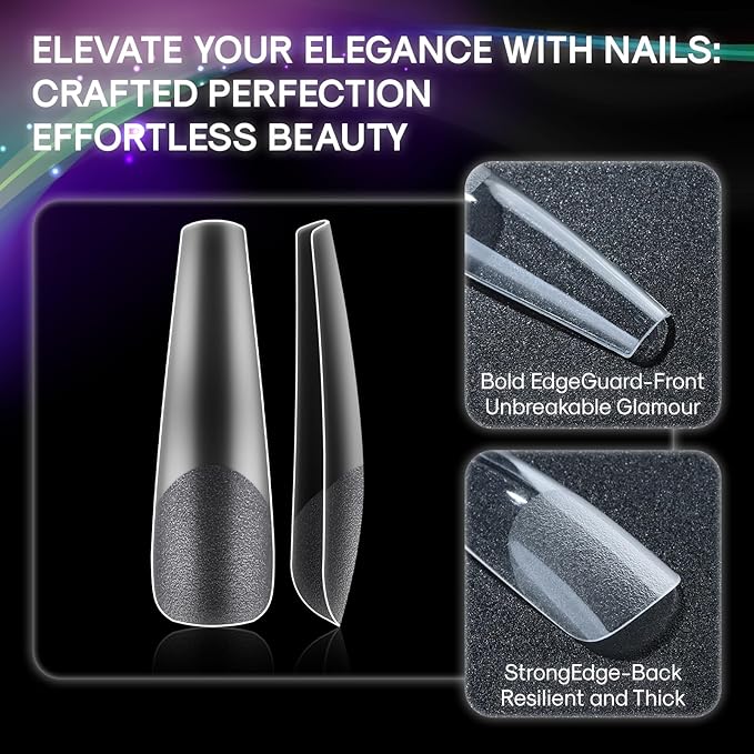 Flattened No C Curve, XXL Coffin Nail Tips, Half Matte Clear Half Cover Coffin Flat Tips for Acrylic Nails Salons Home DIY Extensions(12 Sizes 240PCS)