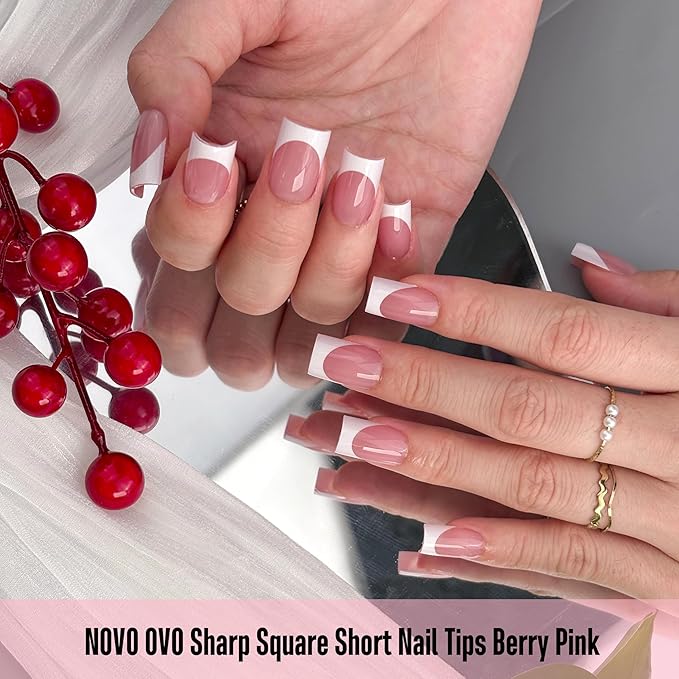 NOVO OVO Short Sharp Square White French Tip Nail Tips Press on BERRY PINK, Need Builder Gel Top Coat Nail Glue,Soft Gel Fake Nail Extension, Full Cover False Nails for Salon DIY x15 Sizes 240 pcs