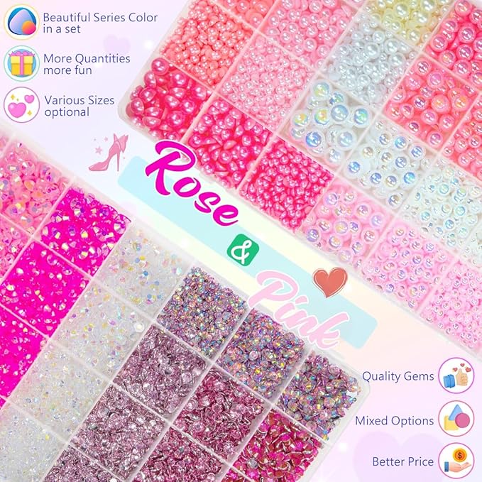 2 Big Boxes Pink Resin Pearls and Rhinestones w B7000 Glue for Bedazzling Crafting Flatback Stones Gems Diamonds Half Pearls Bedazzler Kit for Nails Eyes Face Makeup Tumblers Bottles Crafts﻿